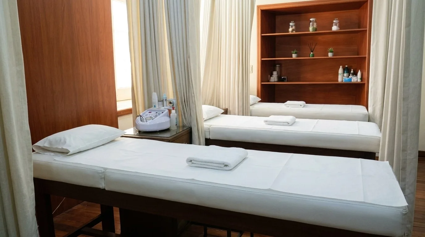 Sala de tratamientos de Esencia con camillas y cortinas de lino